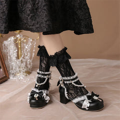 Kawaii Ankle Strap Lolita Pumps Round Toe Platform Thick Mid Heel Buckle Bow Bead Cosplay Lady Shoes Autumn