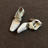 Women'sShoes Square Toe Thick Middle Heel Cross Elastic Cowhide Color Office Shallow Single Shoes