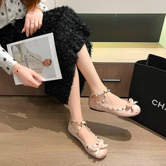 Shoes Rivets Causal Ballet Flats Bowknot Versatile Flat Shoes Ankle-strap