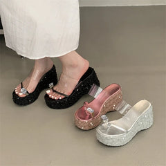 Crystal Sequin Cloth Platform Wedge Slippers Street Style Clip Toe High Heels Banquet Shoes