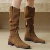 Natural Suede Leather Square Toe Side Zip Knee High Western Boots Casual Long Boots Shoes
