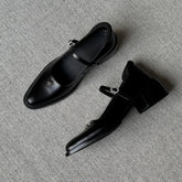 Shallow Mouthed Mary Jane Shoes Thick Heel with A Single Button Leather Shoes Metal Decorative Leisure Flat Shoes