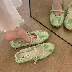 Flats Round Toe Shallow Slip On Casual Ballet Fur Shoes Soft Leather Eelgant Mujer
