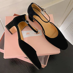 genuine leather 4.5cm thick med heel round toe ankle strap sandals elegant soft comfortable