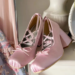 Silk square toe 9cm heel ballet shoes lace up