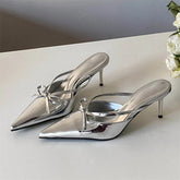 Silver White Butterfly-knot Pointed Toe Slippers Shoes Elegant Party Dress Thin Heels Sandals