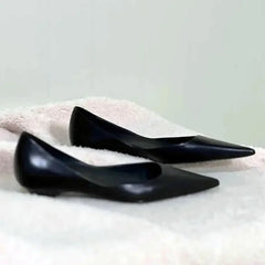 Pointed Toe Leather Flat Shoes Tapered Low Heel Pumps Black Shallow Mouth Design Comfort Casual Office Shoe