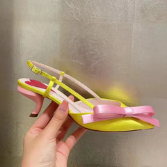 Yellow Pointed Toe Bowknot Satin Cat Heel Sandals Woman Heart Color Matching Buckle Strap Closed High Heel Shoes