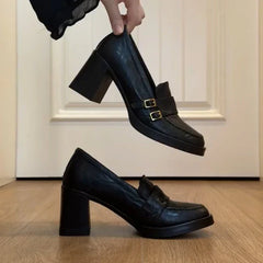 Vintage Thick High Mary Jane Shoes Banquet Party Pumps Slip On Elegant Dress Leather Shoes