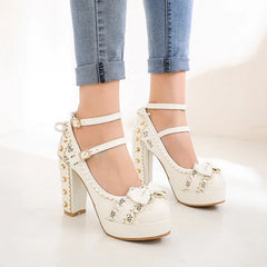 2.5 Platform Cute Bow Lace Princess Lolita Shoes Party 10cm High Heel Buckle Big size 43