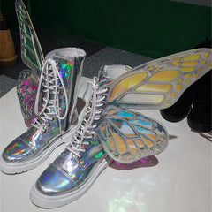 Shine Silver Real Leather Flat Sneakers Butterfly Wings Shoes Lace Up Ankle Boots High-top Leisure Platform Shoes