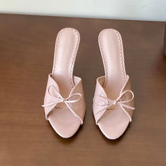Round Toe Footwear Thin Heels Slides Shoes Butterfly-Knot Slip On High Heels Shoes