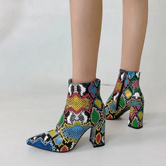 Snake Print Pu Leather Ankle Boots Zip Pointed Toe Footwear Block High Heels Boot Party Shoes 43
