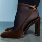 Retro Brown Faux Suede High Heels Round Toe Ankle Strap Buckle Brand Shoes Elegant Banquet