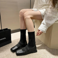 Stylish Square Toe Knitted Sock Boots Platform Boots Black Patent Leather Punk Goth Shoes