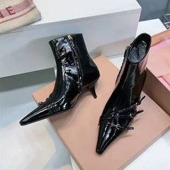 Patent Leather Belt Buckle Ankle Boots Elegant High heels Chelsea Office Lady Short Booties Shoes