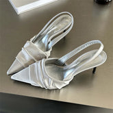 High Quality Satin Pleat Pointed Toe Pumps Slingbacks Thin Heels Shoes Banquet Party Sandals