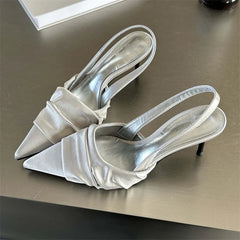 High Quality Satin Pleat Pointed Toe Pumps Slingbacks Thin Heels Shoes Banquet Party Sandals
