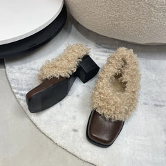 Ins style Square toe Patent Leather Wool Warm High heels Loafers Casual Girls Chunky Shoes