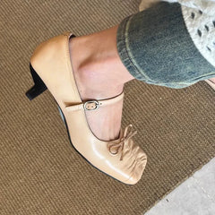 Pleated Square Toe Chunky Heel Mary Jane Shoes Bowknot Design Elegant Heels