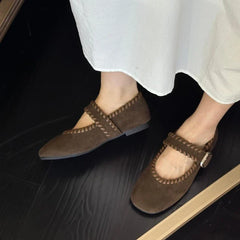 Retro Woven Faux Suede Mary Jane Shoes Metal Buckle Brand Shoes Comfortable Round Toe Shallow Casual Shoe