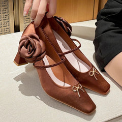 Novelty Side Flower Design Chunky Heel Pumps Elegant Bow Decoration Square Toe High Heels Black Mary Jane Shoes