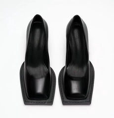Pumps Square Toe Chunky Heel High Heels Black Soft Leather Elegant Evening