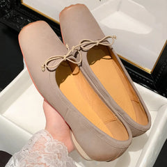 cow leather square toe slip-on ballet flats sweet bowtie casual high quality soft comfortable shoes