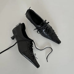 Retro Square Toe Lace Up Leather Pumps Temperament Niche Mid Heel Shoes Versatile Soft Shoes Comfortable