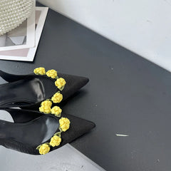 Pink High Heels Pointed Toe Slingback Shoes Small Flower Low Heel Office Shoes Black Pumps White Talons Femme