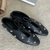 Metal Rivet Decoration Shallow Mouth Ballet Flats High Quality Soft Bottom Lacing Flat Shoes Casual Comfy Shoes