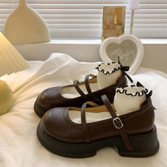 Leather Mary Jane Shoes Japanese Style Lolita Round Toe High on Platform Footwear Black Gothic Vulcanized