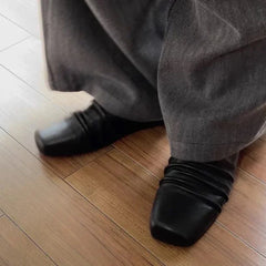 Pleated Leather Flat Mules Shoes Woman High Quality Squared Toe Slippers Comfort Outdoor Casual Flats
