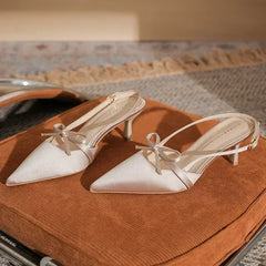 Satin Pointed Toe High Heels Bow Design Cover Toe Fine Heel 6cm Sandals Back Strap Party