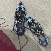 Cross Straps Sandals Pointed Toe Gold Star Detail Mixed Color Low Block Heels Ankle Lace Up Rubber