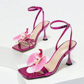 Flowers Square Toe Open Toe High Heel Brand Design Narrow Band Party Thin High Sandals Stripper Shoes