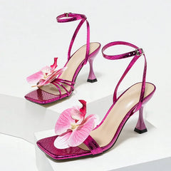 Flowers Square Toe Open Toe High Heel Brand Design Narrow Band Party Thin High Sandals Stripper Shoes