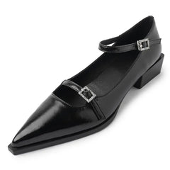 Low Heels Pointed Toe Vintage Genuine Leather Mary Janes Shoes Woman Casual Office Ladies