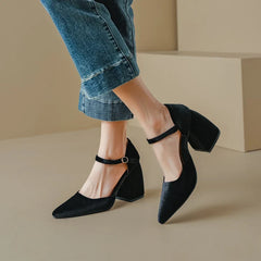 Elegant Velvet High Heels Shoes Ankle Straps Black Green Heeled Pointy Party Shoe Dress Pumps 45