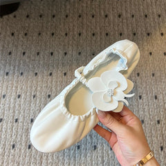 Round Toe Flower Sandals Flat Mary Janes Elastic Band Casual Ballet Shoes Slip On Wrinkles Elegant