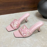 Flower Thin Heels Slides Sandals Shoes Square Toe High Heels Shoes Slip On Sandals Pumps