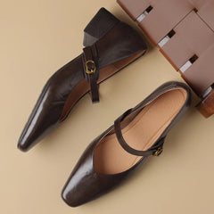 genuine leather square toe Slip-on Mary Jane pumps 4cm thick low heel elegant daily dress heeled shoes