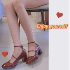 heels Shoes Mary Jane Shoes Woman Pumps Patent Leather High Heels Red Wedding Shoes Double Buckle