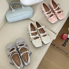 Butterfly-knot Flat Mary Jane Comfort Soft Sole Elegnat Square Toe Dress Ballets Shoes