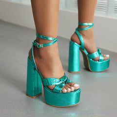 Gold High Heels Ankle Strap Party 14CM Open-toe Platform Chunky Sandals