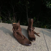 Genuine Leather Butterfly Knot Wrapped Strap Short Ankle Boots Polished Color Distressed Flat Bottomed Bare Shoes