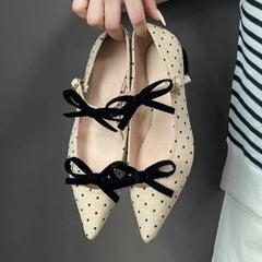 Cute Bow Double Buckle Low Heel Pumps Polka Dot Pointed Toe Shoes Comfort Soft Sole Commuter Office Shoes