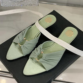 Pleated Silk Hollow Out Metal Buckle Slippers Sandal Pointed Toe Low Thin Heels Beach Party
