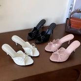 Round Toe Footwear Thin Heels Slides Shoes Butterfly-Knot Slip On High Heels Shoes