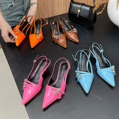 Orange Ladie Pumps Pink High Heels Pointed Toe Slingback Shoes Belt Buckle Low Heel Office Shoes Blue